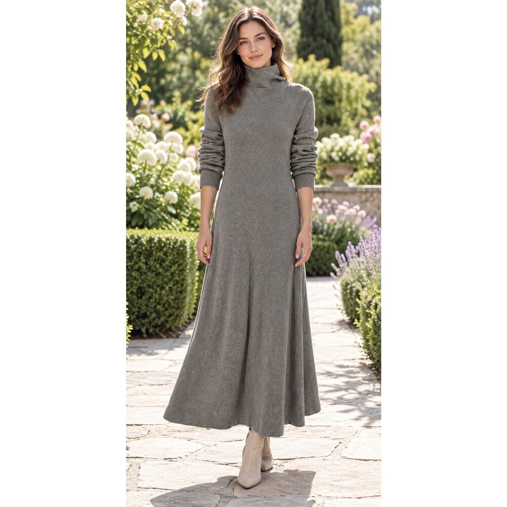 Ralph Lauren Women 100% Cashmere Gray Cowlneck Long Sleeve Midi Sweater Dress L - Picture 2 of 13